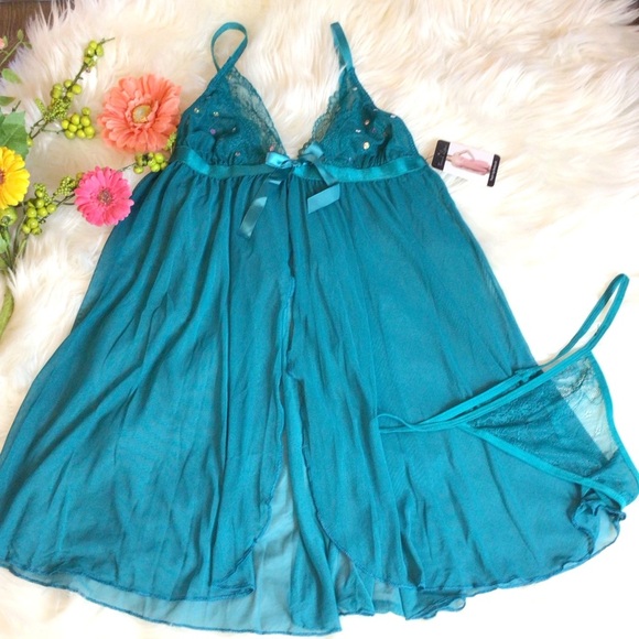 French Affair 2Pc Green Babydoll and G-String Panty Lingerie Set Choose Size - Picture 5 of 12